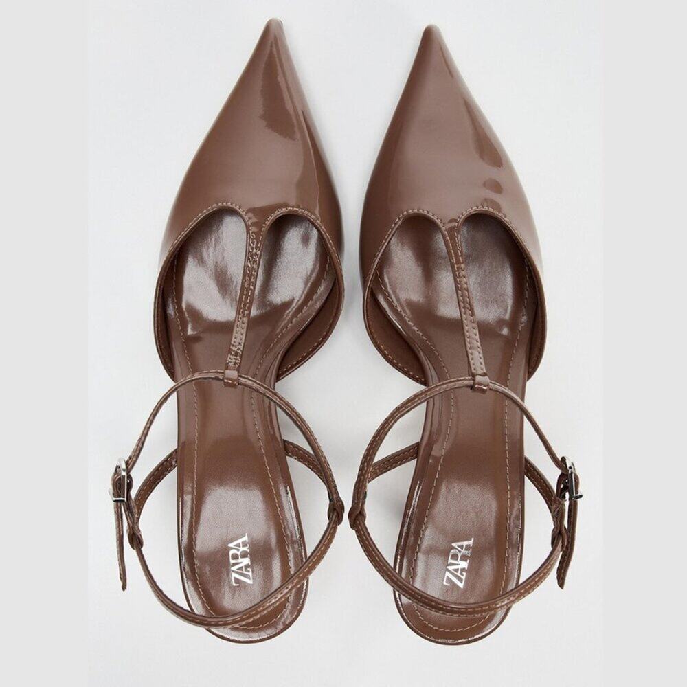 Zara NWT Brown Patent T Strap Slingback Pointed Toe Kitten Heels 9 10 - Picture 16 of 16